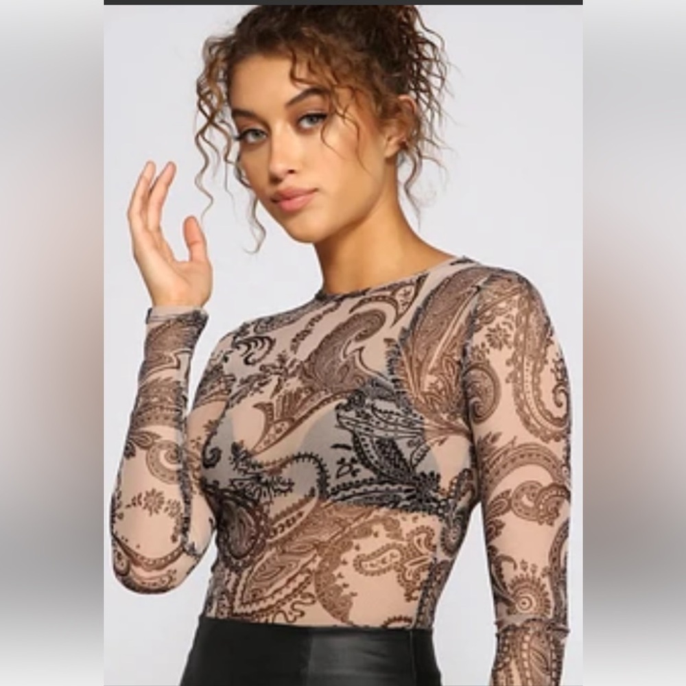Windsor Paisley Dreams Chiffon Crop Top Neutral Long Sleeve Sheer Sexy Y2K Small
